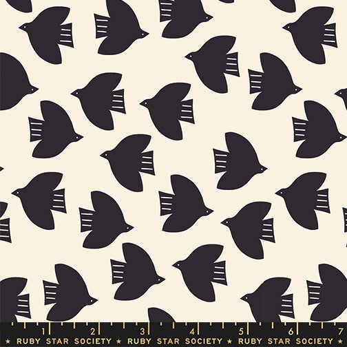 Modern black bird silhouette fabric on cream background by Alexia Abegg for Ruby Star Society