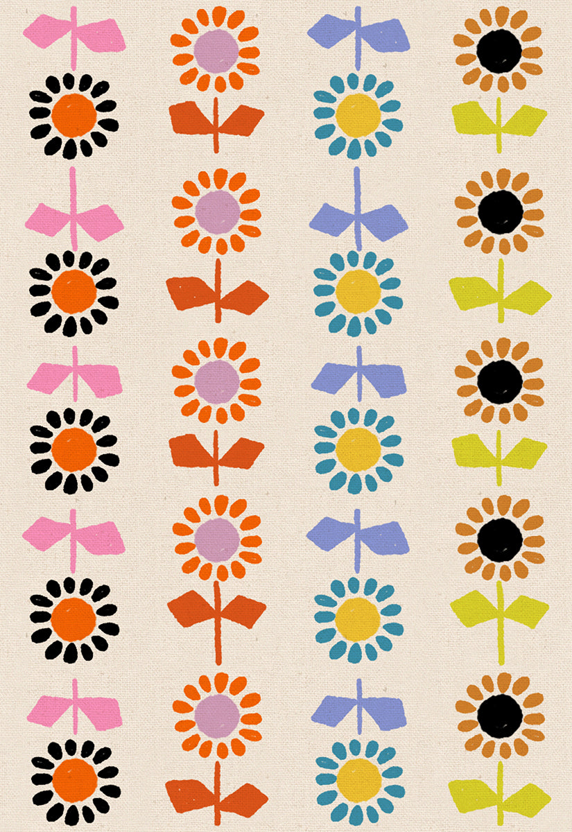 Colorful daisy stripe natural cotton canvas fabric by Alexia Abegg for Ruby Star Society featuring retro floral rows