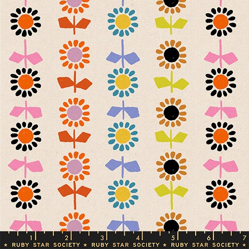 Colorful daisy stripe natural cotton canvas fabric by Alexia Abegg for Ruby Star Society featuring retro floral rows