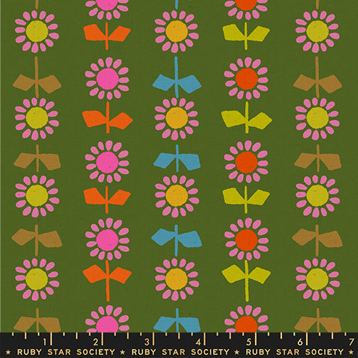 Colorful retro daisy stripe cotton canvas fabric on green background by Alexia Abegg for Ruby Star Society