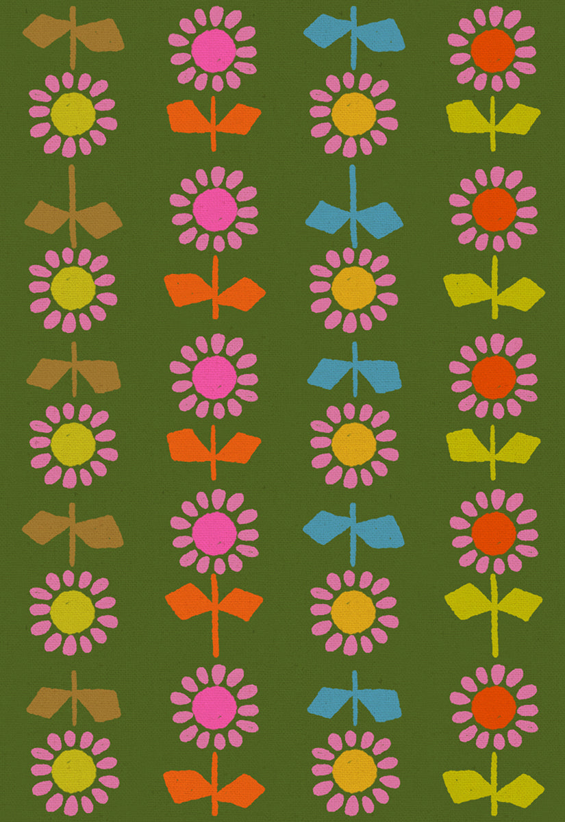 Colorful retro daisy stripe cotton canvas fabric on green background by Alexia Abegg for Ruby Star Society
