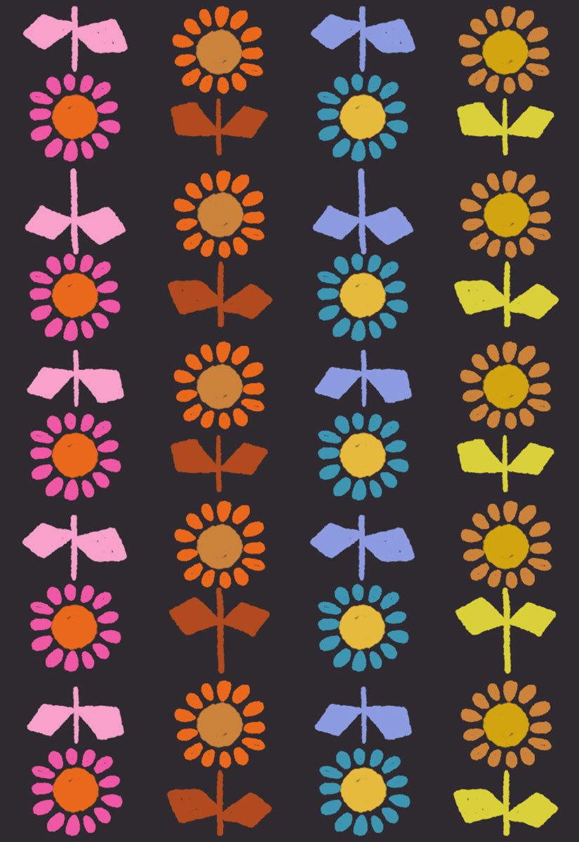 Retro daisy stripe black cotton canvas fabric by Alexia Abegg for Ruby Star Society featuring colorful floral rows