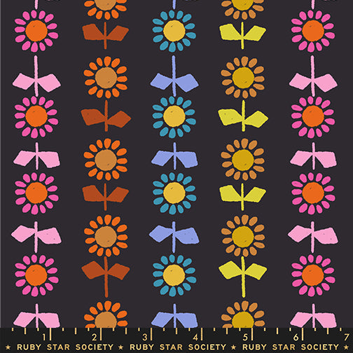 Retro daisy stripe black cotton canvas fabric by Alexia Abegg for Ruby Star Society featuring colorful floral rows