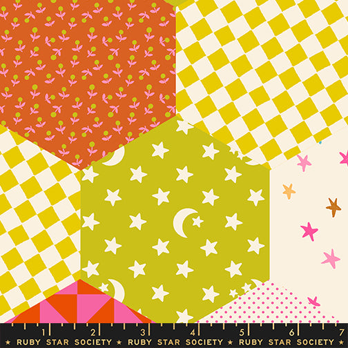 Colorful hexagon patchwork wide quilt backing fabric with retro florals, moons, birds, and geometric prints by Alexia Abegg