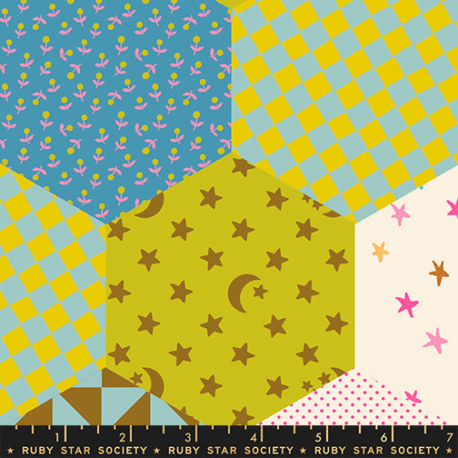 Colorful hexagon patchwork wide quilt backing fabric with whimsical florals, moons, birds, stars, and geometric prints