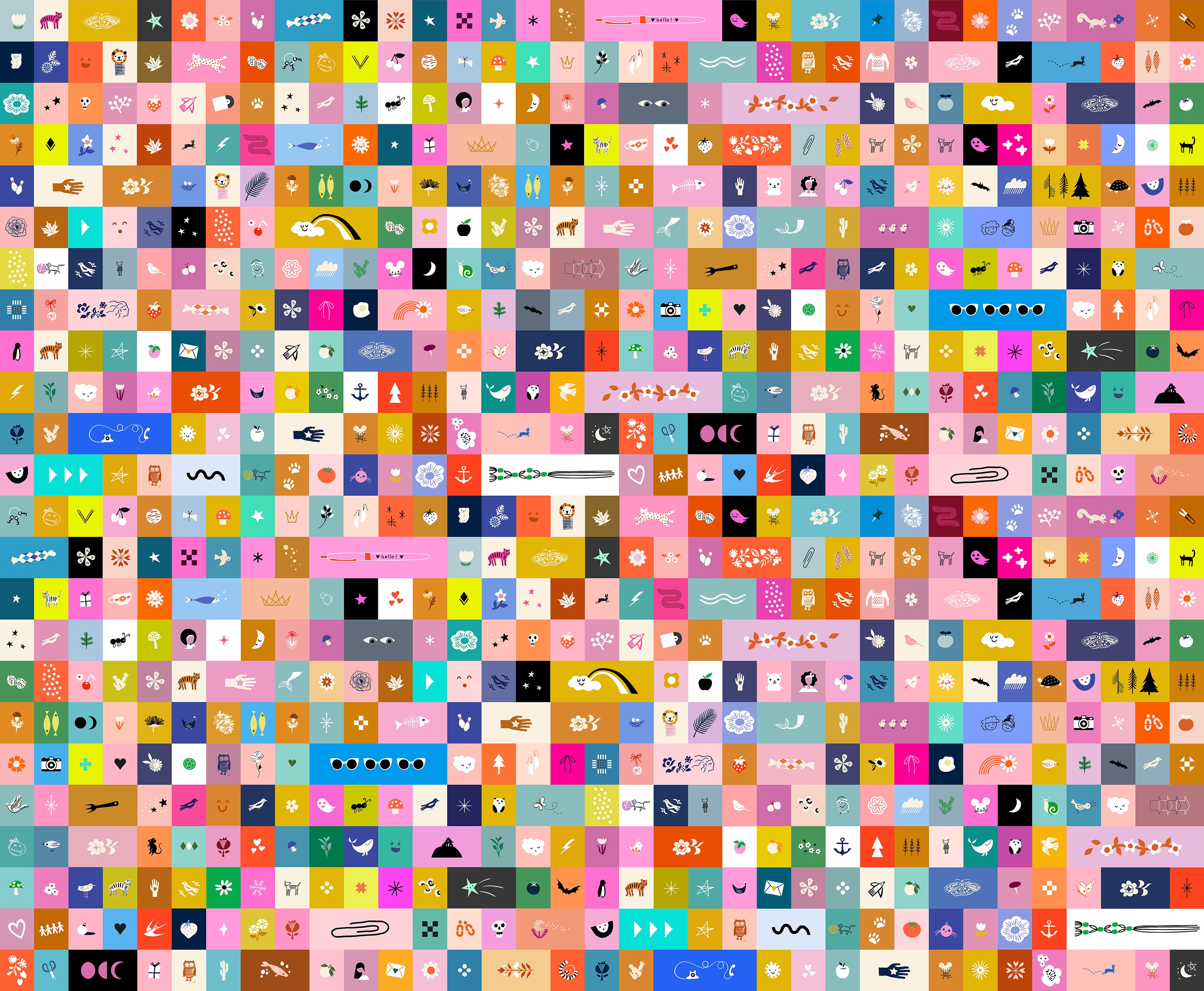 Colorful novelty quilting cotton fabric featuring illustrated icons and graphic symbols in rainbow grid layout by Ruby Star Society for Moda Fabrics