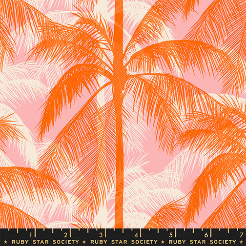 Poolside Too Palms Balmy quilting cotton featuring vibrant coral palm trees on a soft pink tropical background by Ruby Star Society for Moda Fabrics.