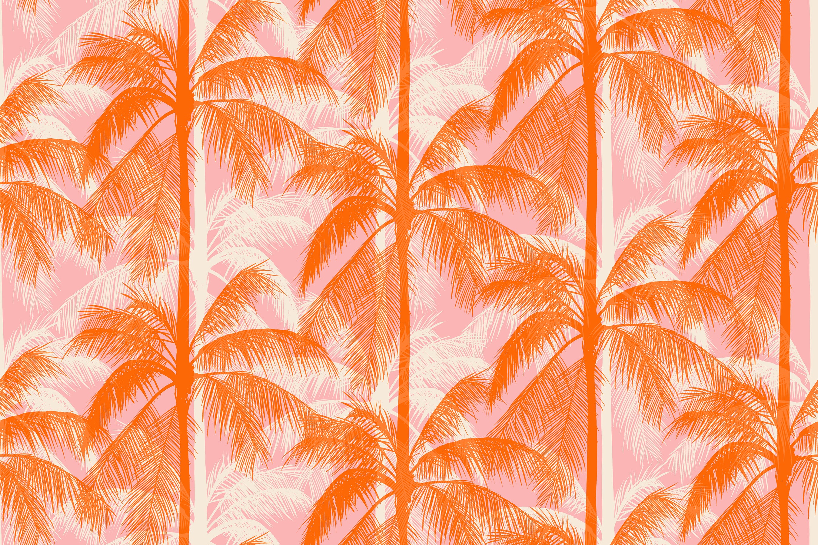 Poolside Too Palms Balmy quilting cotton featuring vibrant coral palm trees on a soft pink tropical background by Ruby Star Society for Moda Fabrics.