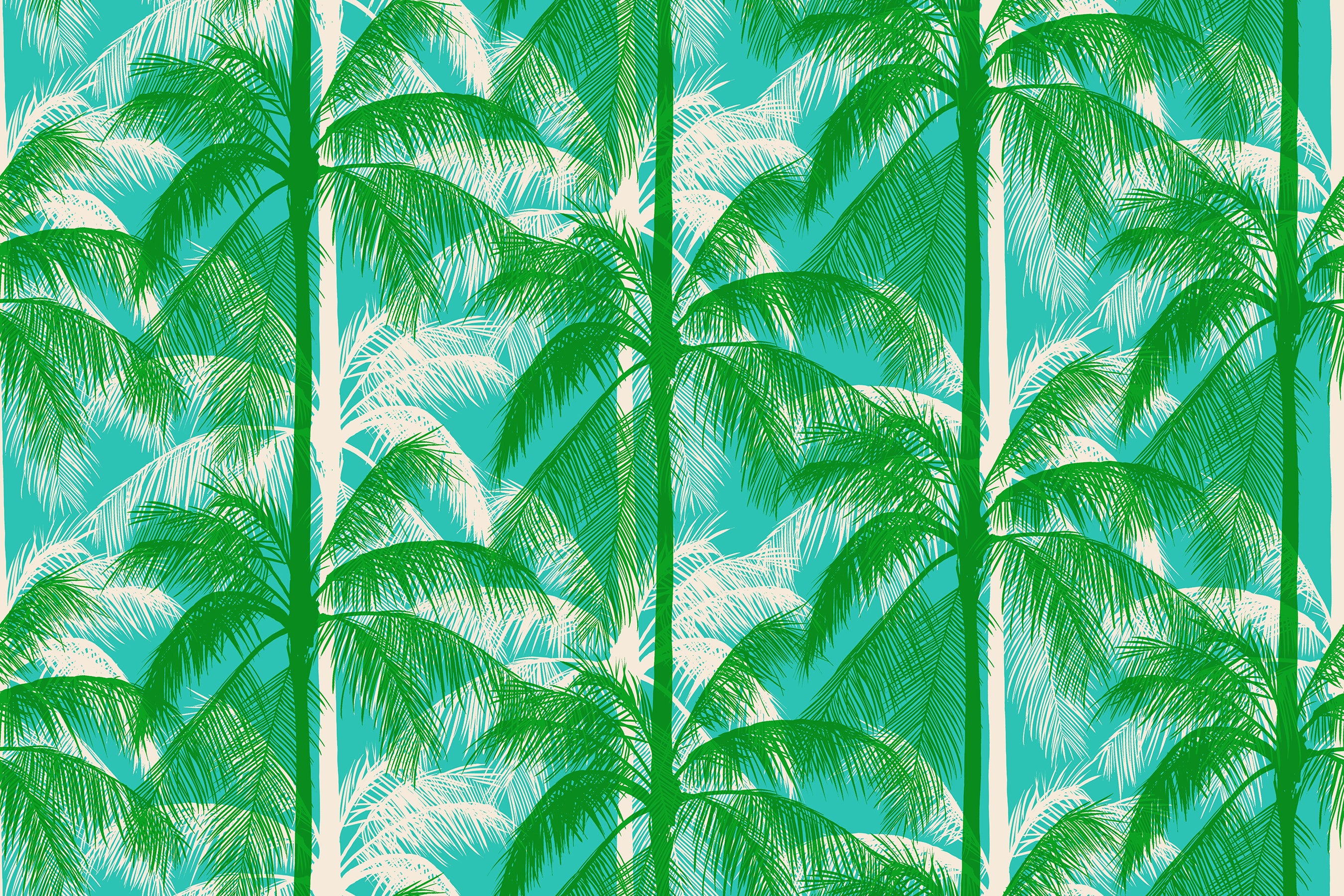 Poolside Too Palms Tropic quilting cotton featuring vibrant green palm trees on an aqua tropical background by Ruby Star Society for Moda Fabrics.
