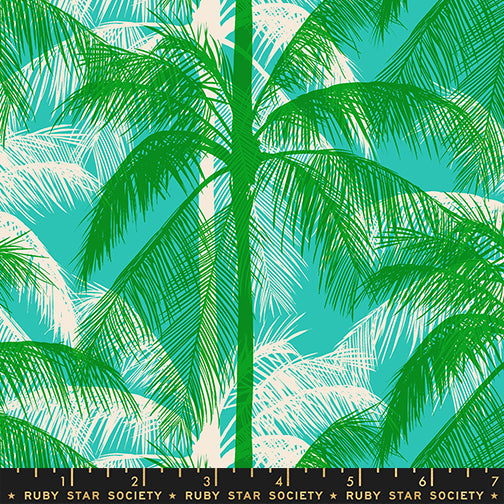 Poolside Too Palms Tropic quilting cotton featuring vibrant green palm trees on an aqua tropical background by Ruby Star Society for Moda Fabrics.