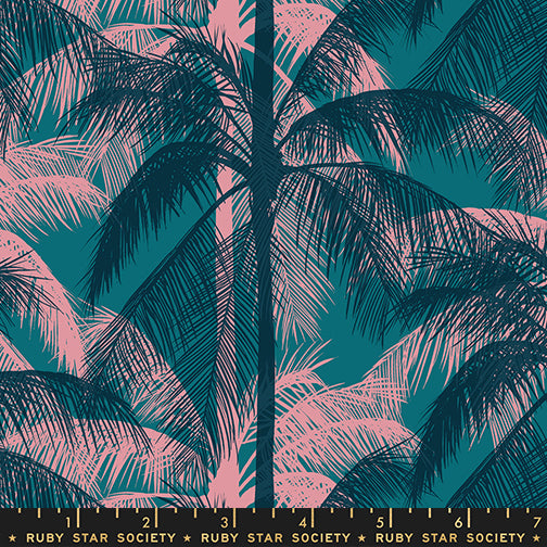Poolside Too Palms Storytime quilting cotton featuring deep teal palm trees on a rich turquoise background with blush pink tropical foliage by Ruby Star Society for Moda Fabrics.