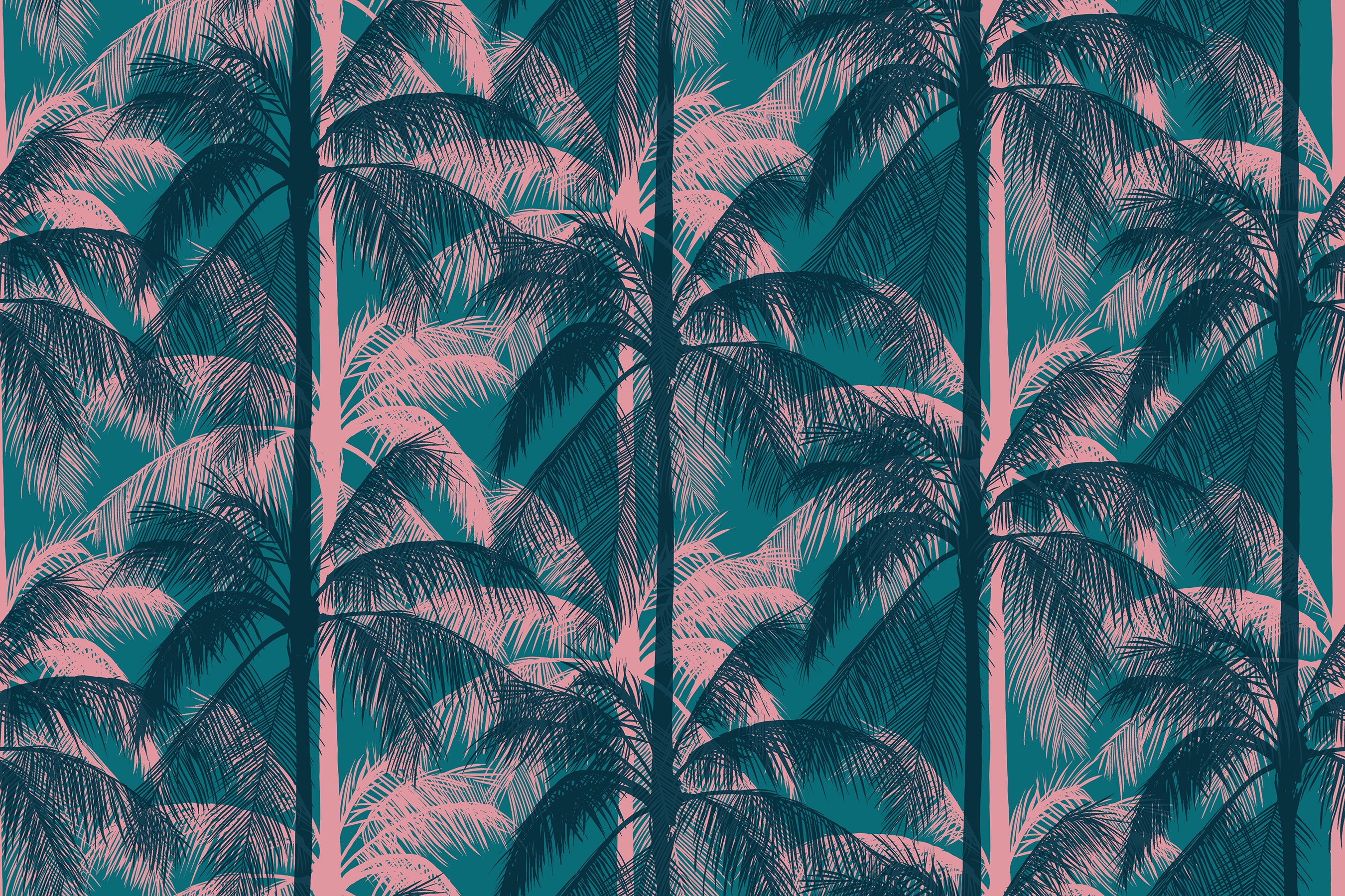 Poolside Too Palms Storytime quilting cotton featuring deep teal palm trees on a rich turquoise background with blush pink tropical foliage by Ruby Star Society for Moda Fabrics.