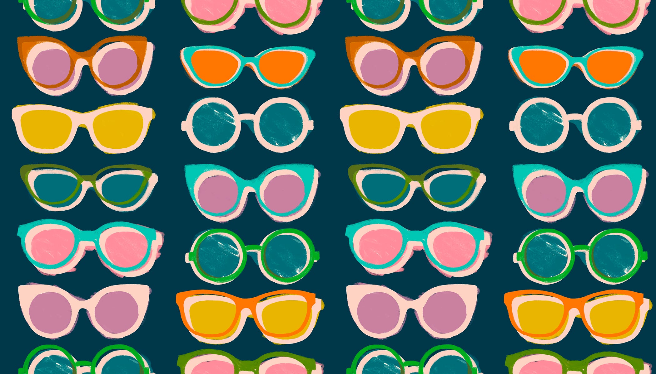 Poolside Too Sunglasses Peacock premium quilting cotton featuring colorful retro sunglasses on a rich peacock blue background by Ruby Star Society for Moda Fabrics.