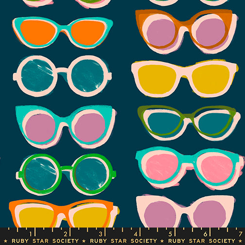 Poolside Too Sunglasses Peacock premium quilting cotton featuring colorful retro sunglasses on a rich peacock blue background by Ruby Star Society for Moda Fabrics.