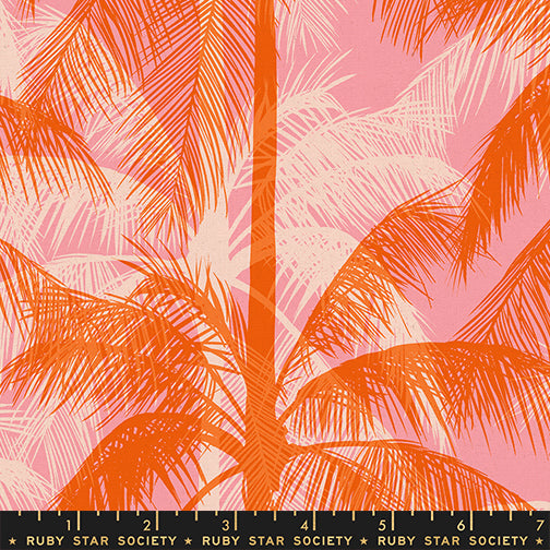 Poolside Too Sorbet premium cotton canvas featuring bold orange tropical palm trees on a soft pink background by Ruby Star Society for Moda Fabrics.