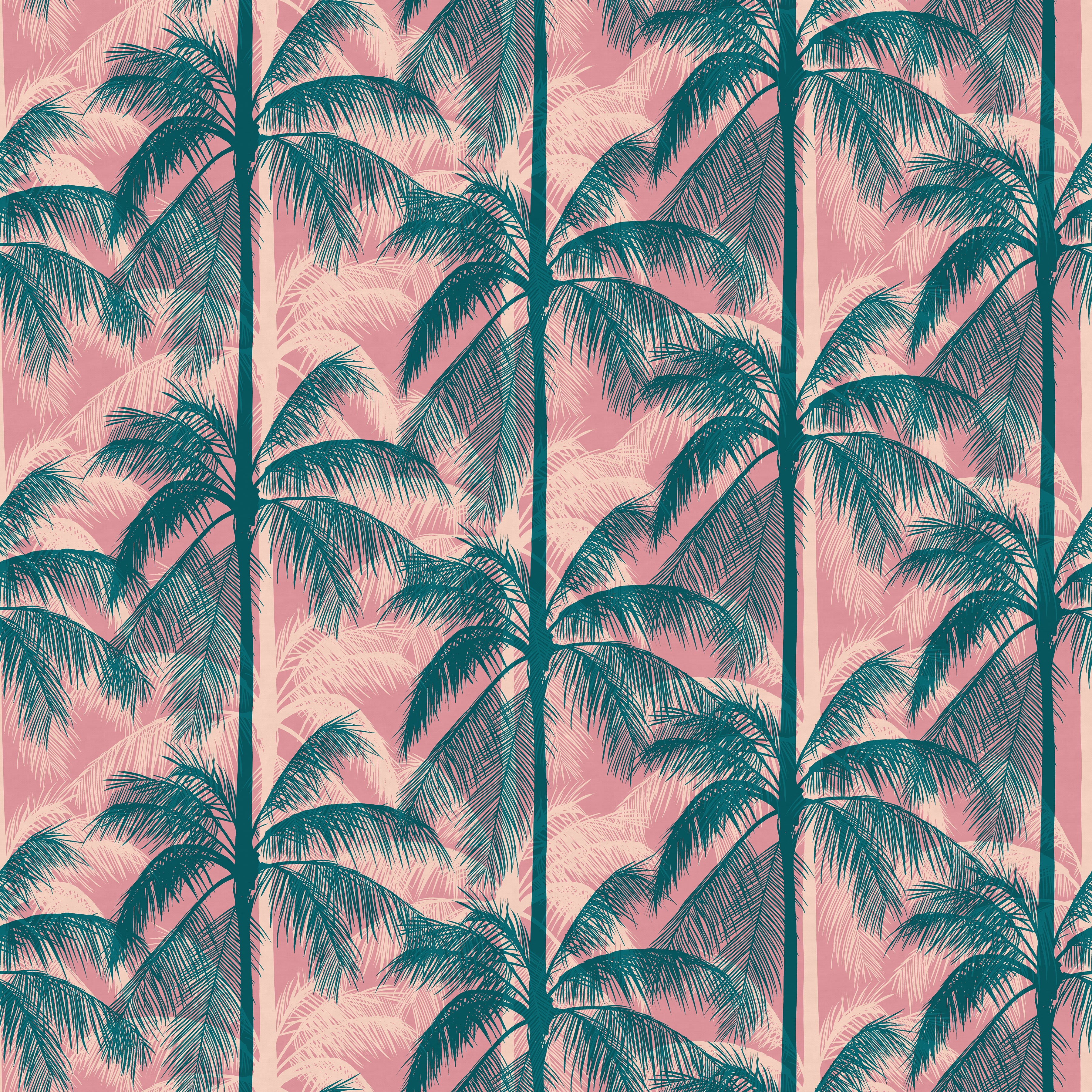 Poolside Too Plum premium cotton canvas featuring deep teal tropical palm trees on a blush pink background by Ruby Star Society for Moda Fabrics.