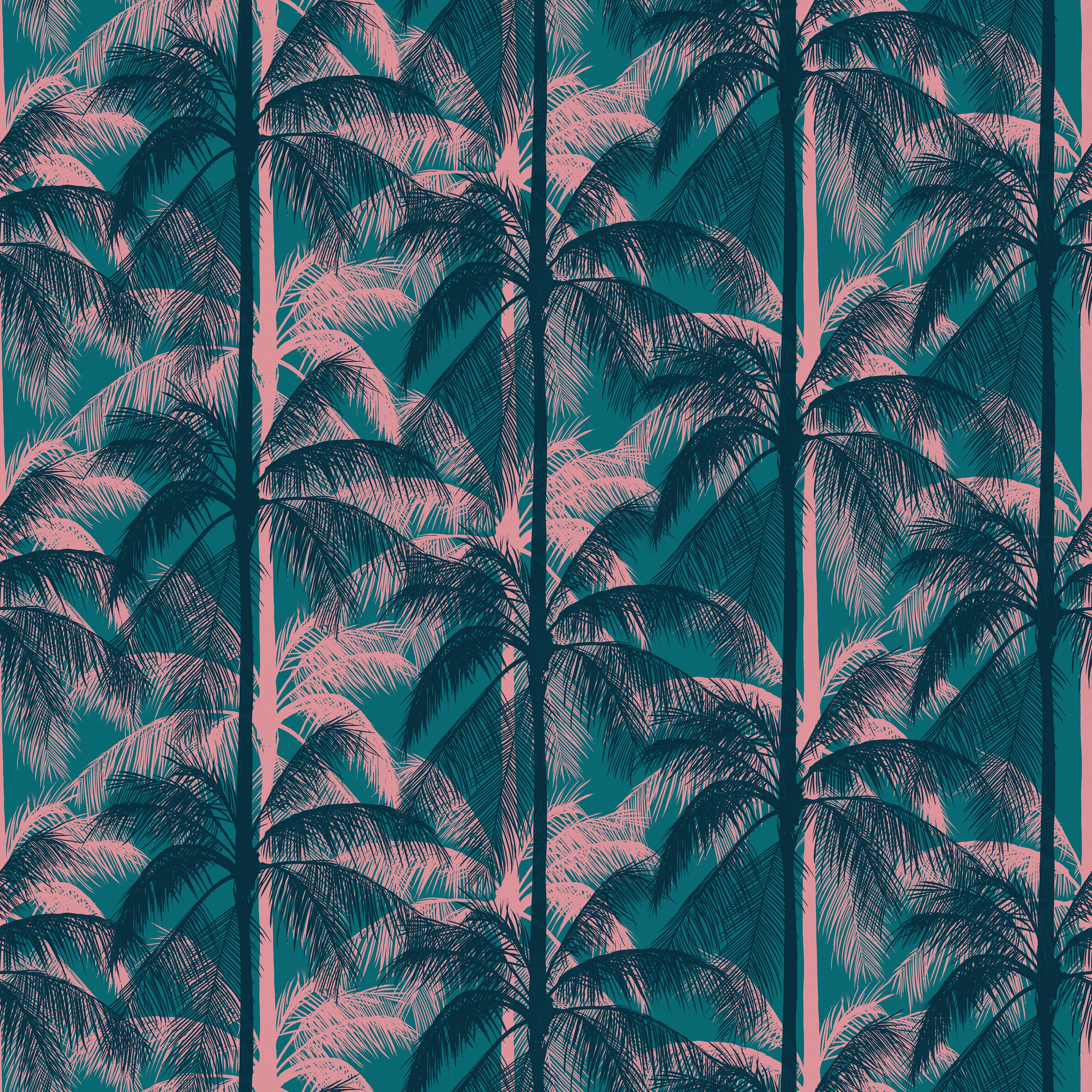 Poolside Too Storytime premium cotton canvas featuring layered navy and blush pink tropical palm trees on a teal background by Ruby Star Society for Moda Fabrics.