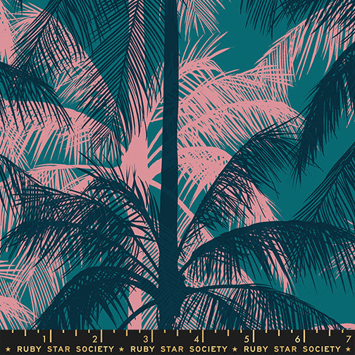 Poolside Too Storytime premium cotton canvas featuring layered navy and blush pink tropical palm trees on a teal background by Ruby Star Society for Moda Fabrics.