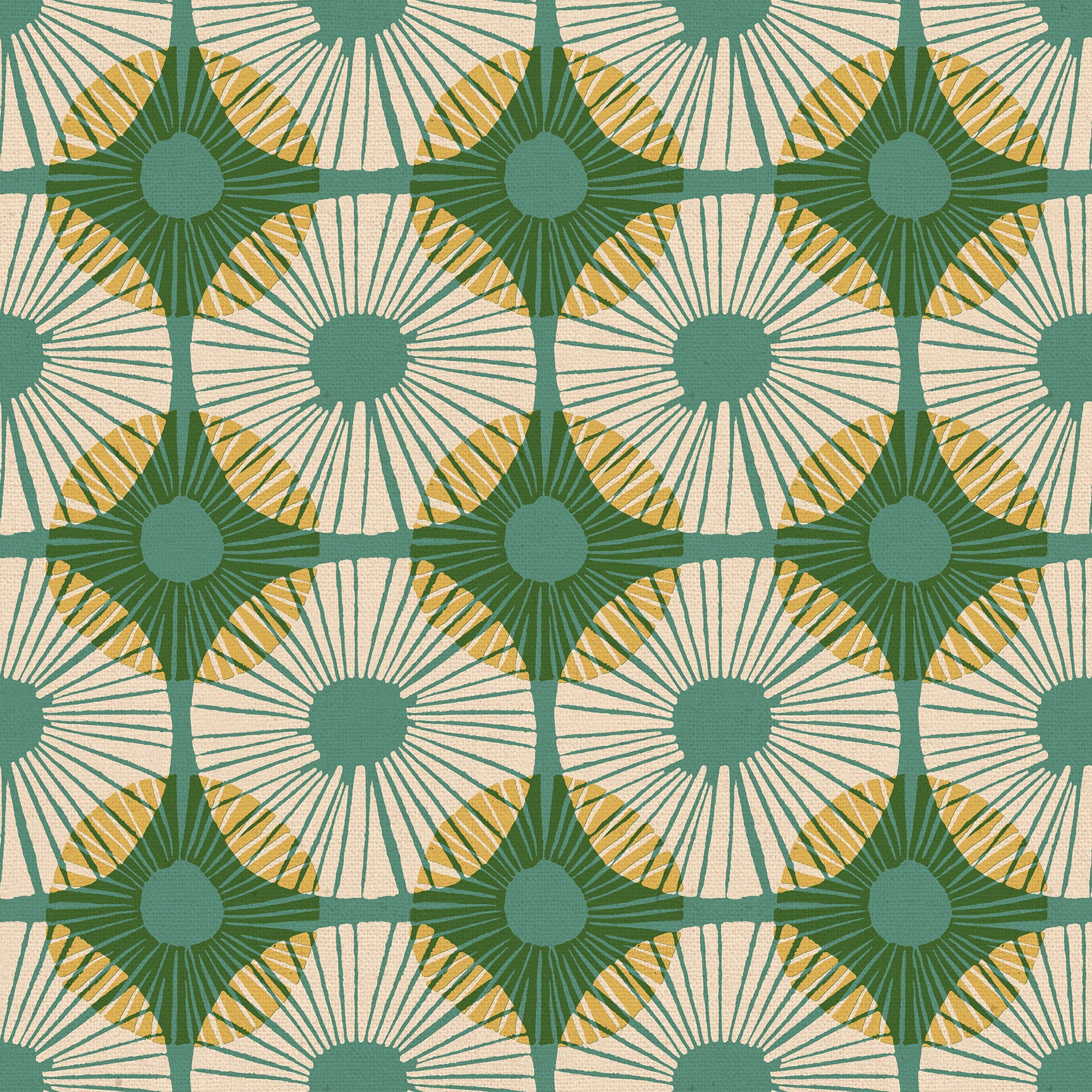 Modern geometric floral cotton canvas fabric in watercress green, teal, cream, and yellow by Jen Hewett for Ruby Star Society