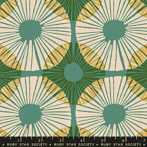 Modern geometric floral cotton canvas fabric in watercress green, teal, cream, and yellow by Jen Hewett for Ruby Star Society