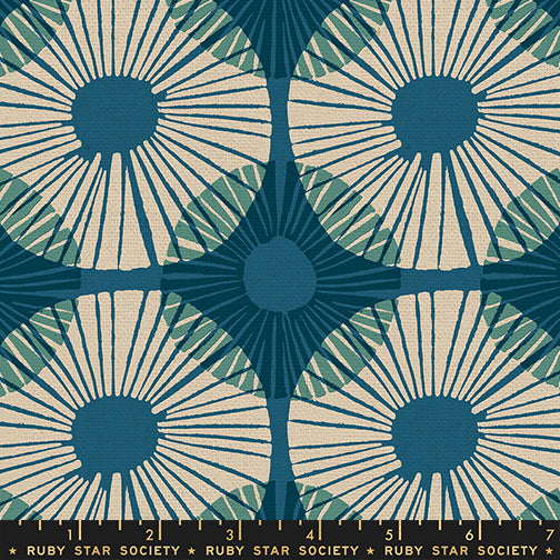 Modern geometric floral cotton canvas fabric in teal, blue, cream, and sage by Jen Hewett for Ruby Star Society