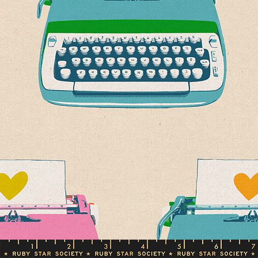 Natural cotton-linen canvas with colorful retro typewriters and heart prints from the Best Day Ever collection by Ruby Star Society.