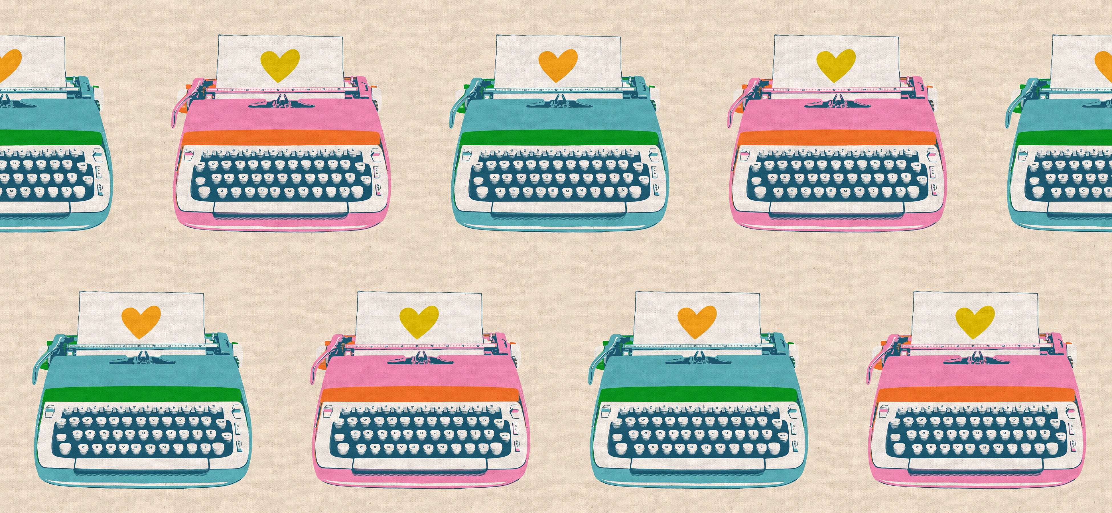 Natural cotton-linen canvas with colorful retro typewriters and heart prints from the Best Day Ever collection by Ruby Star Society.