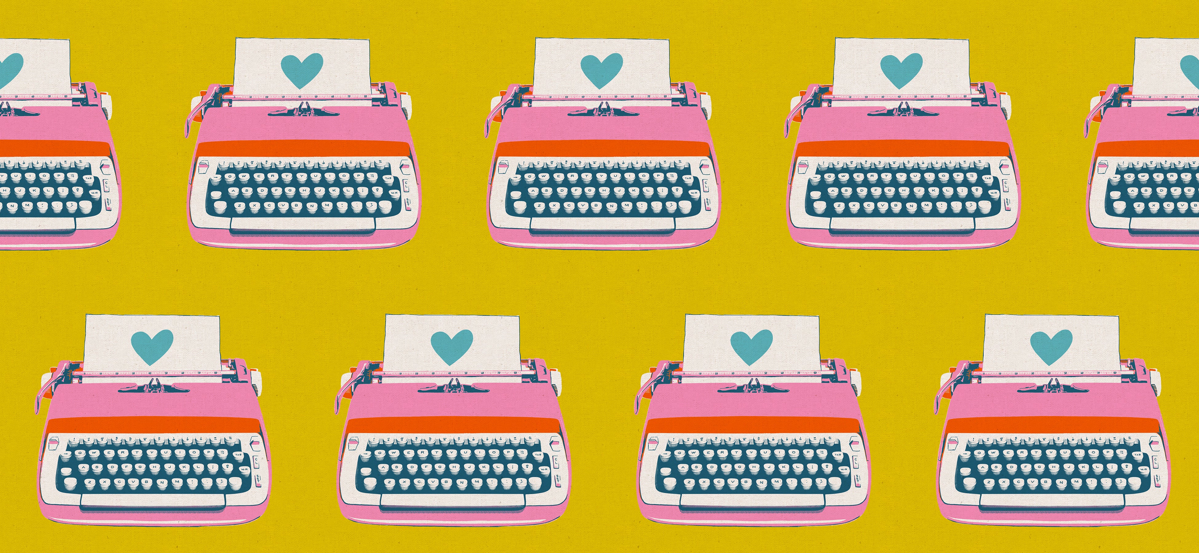 Close-up of Ruby Star Society’s Best Day Ever Typewriters Golden Canvas fabric by Melody Miller for Moda Fabrics, featuring colorful retro typewriters in pink, teal, and orange with heart-shaped papers on a mustard yellow background.
