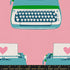 Close-up of Ruby Star Society’s Best Day Ever Typewriters Posy Canvas fabric by Melody Miller for Moda Fabrics, showing teal and pink retro typewriters with hearts on a rosy pink background.