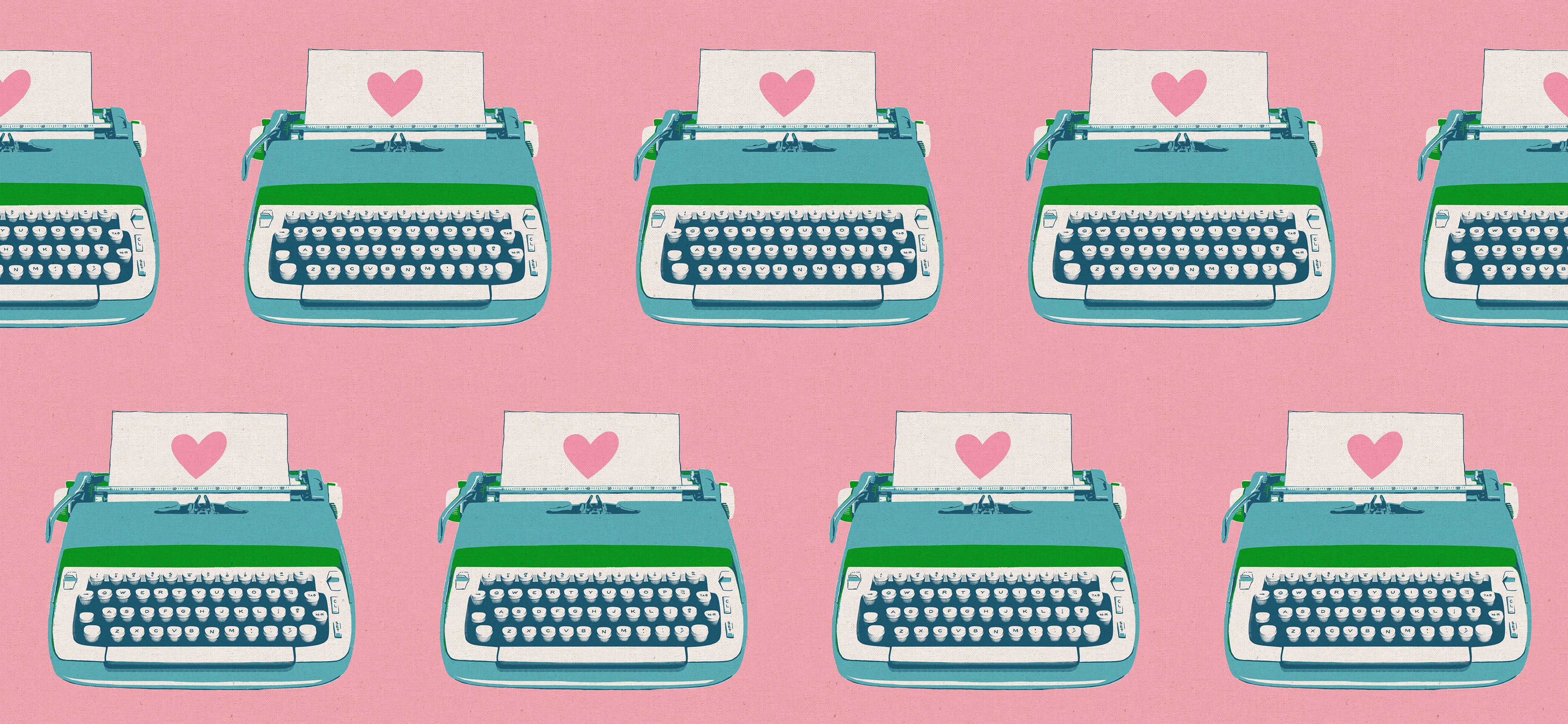 Close-up of Ruby Star Society’s Best Day Ever Typewriters Posy Canvas fabric by Melody Miller for Moda Fabrics, showing teal and pink retro typewriters with hearts on a rosy pink background.