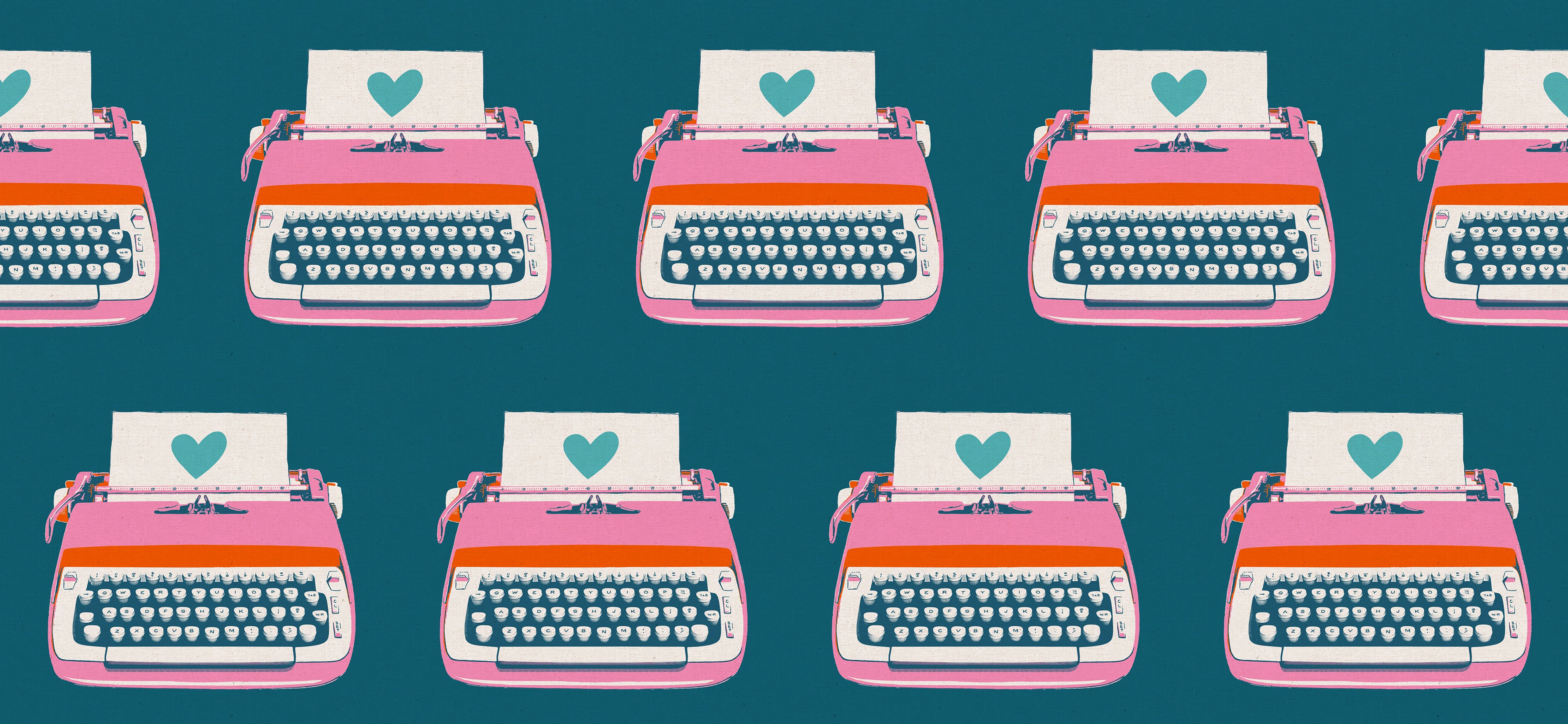 Close-up of Ruby Star Society’s Best Day Ever Typewriters Teal Canvas fabric by Melody Miller for Moda Fabrics, showing retro pink and teal typewriters with hearts on a deep teal background.