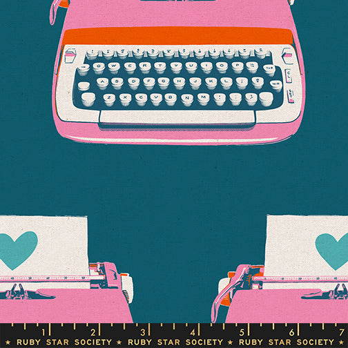 Close-up of Ruby Star Society’s Best Day Ever Typewriters Teal Canvas fabric by Melody Miller for Moda Fabrics, showing retro pink and teal typewriters with hearts on a deep teal background.