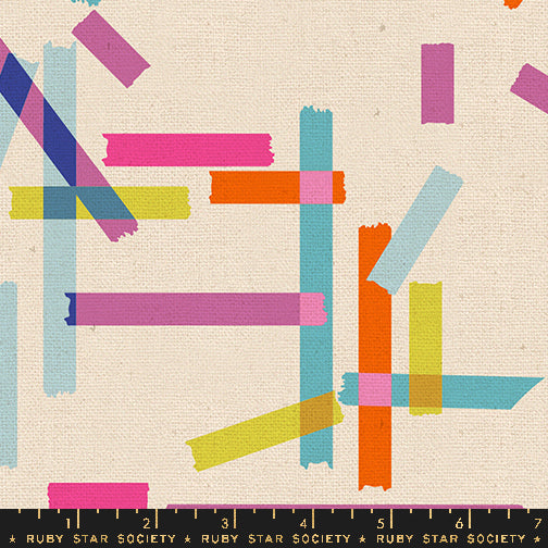 Ruby Star Society - Washi Plus Canvas - Washi Tape Natural Fabric by Rashida Coleman-Hale for Moda Fabrics featuring colorful washi tape stripe designs on a natural background.