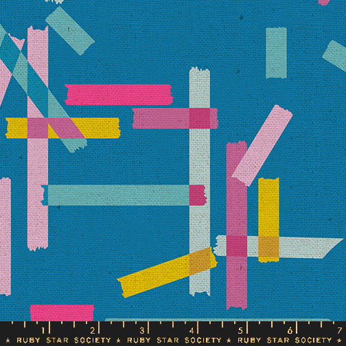 Washi Tape Cerulean cotton canvas fabric by Ruby Star Society showing colorful strips on blue background.