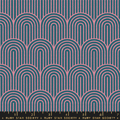 Geometry Canvas Hump Day Galaxy Fabric by Ruby Star Society for Moda Fabrics featuring modern arch patterns in navy blue and pink on a durable cotton-linen canvas background.