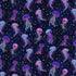 Bioluminescent Jellyfish cotton fabric by Timeless Treasures with purple, violet, aqua, and blue jellyfish on a midnight navy background.