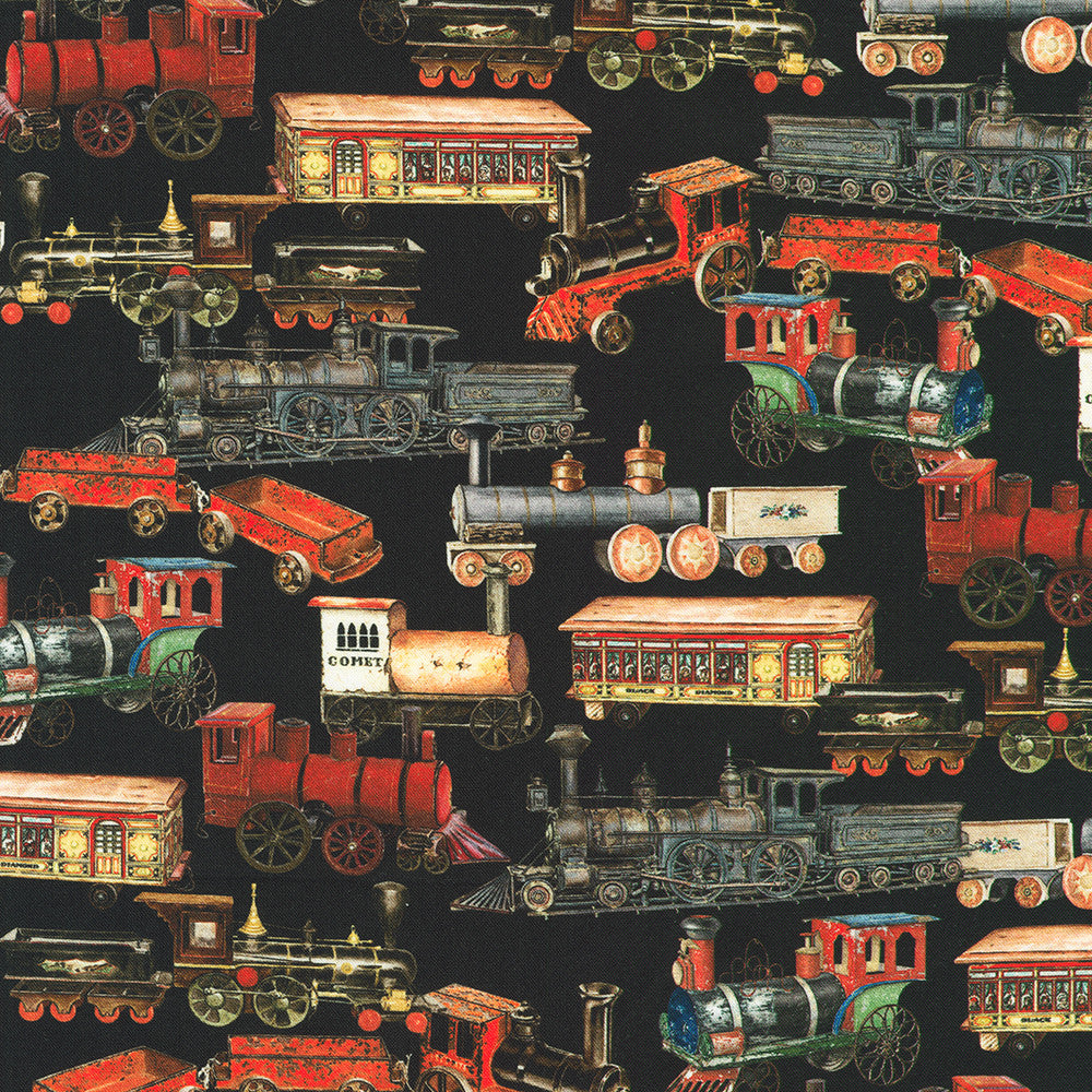Antique steam trains and caboose cars cotton fabric on black background.