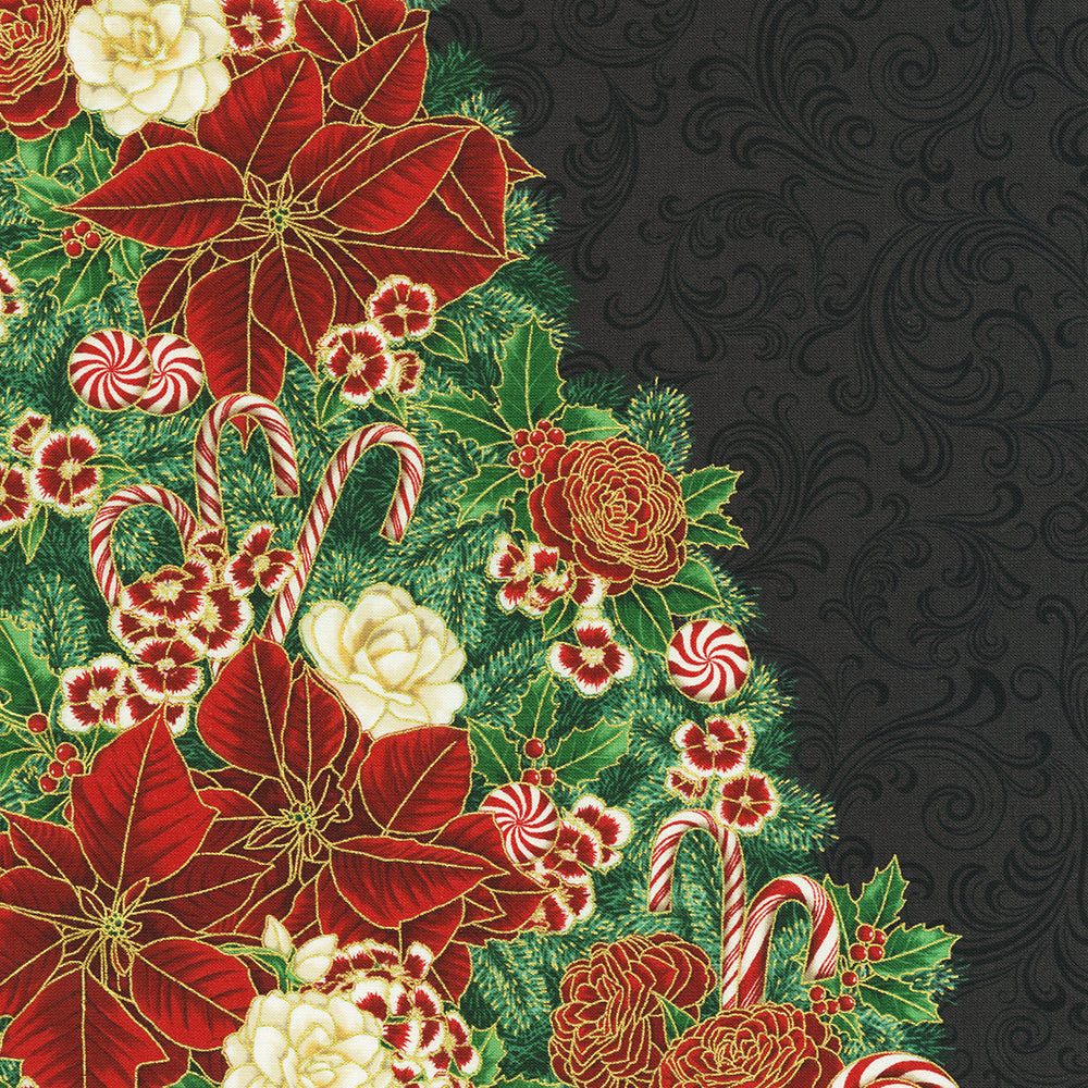 Holiday Flourish Peppermint Twist Christmas Tree Black Metallic Fabric Panel by Studio RK for Robert Kaufman – festive cotton panel for quilts and décor.