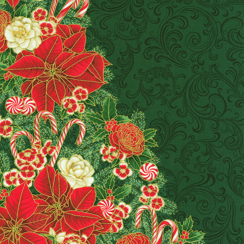 Holiday Flourish Peppermint Twist Christmas Tree Pine Green Metallic Fabric Panel by Studio RK for Robert Kaufman – festive cotton panel for quilts and décor.