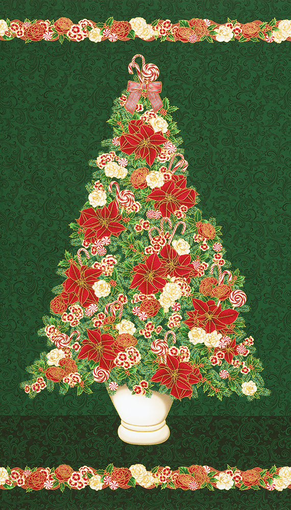Holiday Flourish Peppermint Twist Christmas Tree Pine Green Metallic Fabric Panel by Studio RK for Robert Kaufman – festive cotton panel for quilts and décor.