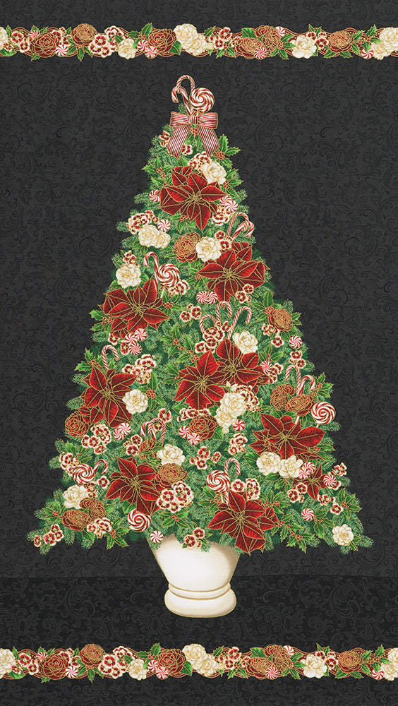 Holiday Flourish Peppermint Twist Christmas Tree Black Metallic Fabric Panel by Studio RK for Robert Kaufman – festive cotton panel for quilts and décor.