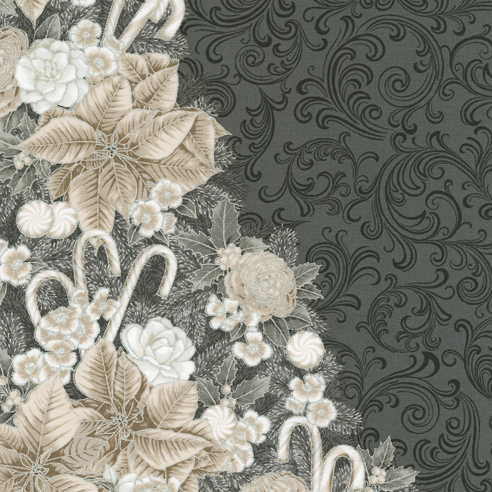 Holiday Flourish Peppermint Twist Christmas Tree Graphite Metallic Fabric Panel by Studio RK for Robert Kaufman – elegant cotton panel for quilts and décor.