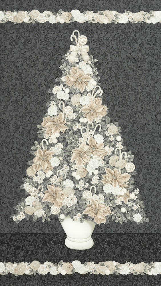 Holiday Flourish Peppermint Twist Christmas Tree Graphite Metallic Fabric Panel by Studio RK for Robert Kaufman – elegant cotton panel for quilts and décor.