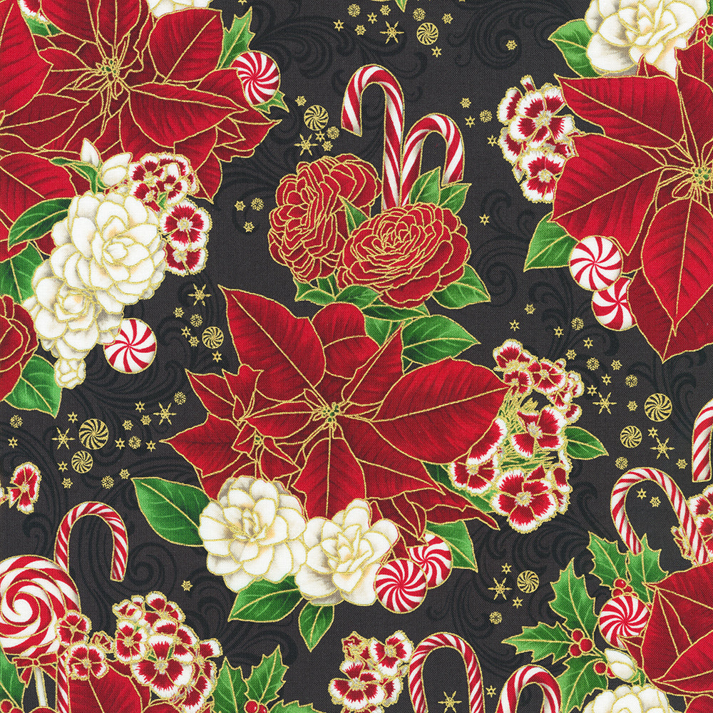 Holiday Flourish Peppermint Twist Poinsettias Black Metallic Fabric by Studio RK for Robert Kaufman – festive cotton fabric with gold accents.