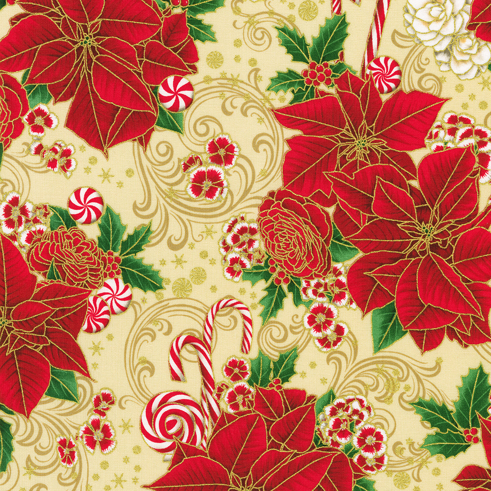 Holiday Flourish Peppermint Twist - Poinsettias Cream Metallic Yardage