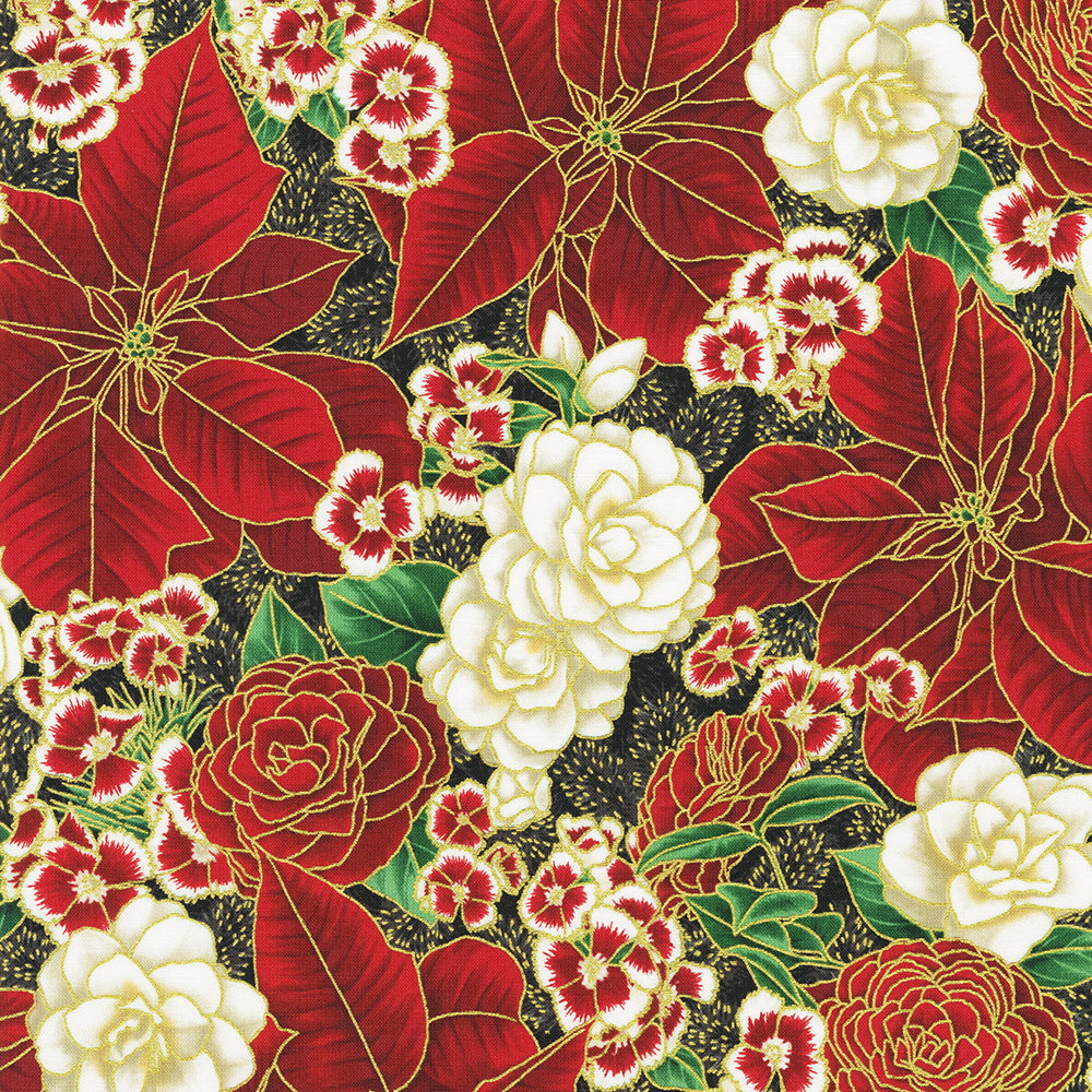 Holiday Flourish Peppermint Twist Flowers Black Metallic quilting fabric by Studio RK for Robert Kaufman