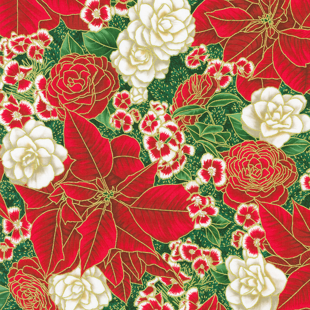 Holiday Flourish Peppermint Twist Flowers Pine Metallic Fabric by Robert Kaufman – metallic floral Christmas quilting cotton.