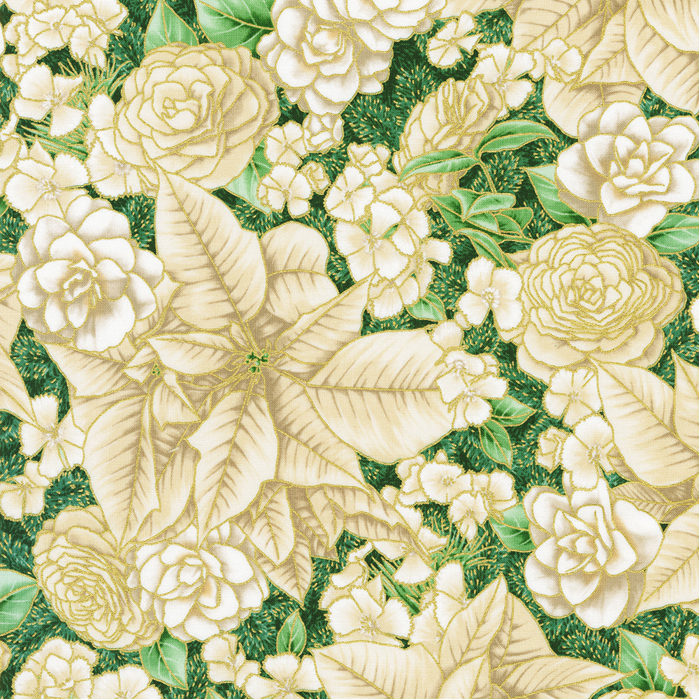 Holiday Flourish Peppermint Twist Flowers Cream Metallic Fabric by Robert Kaufman – metallic floral Christmas quilting cotton.