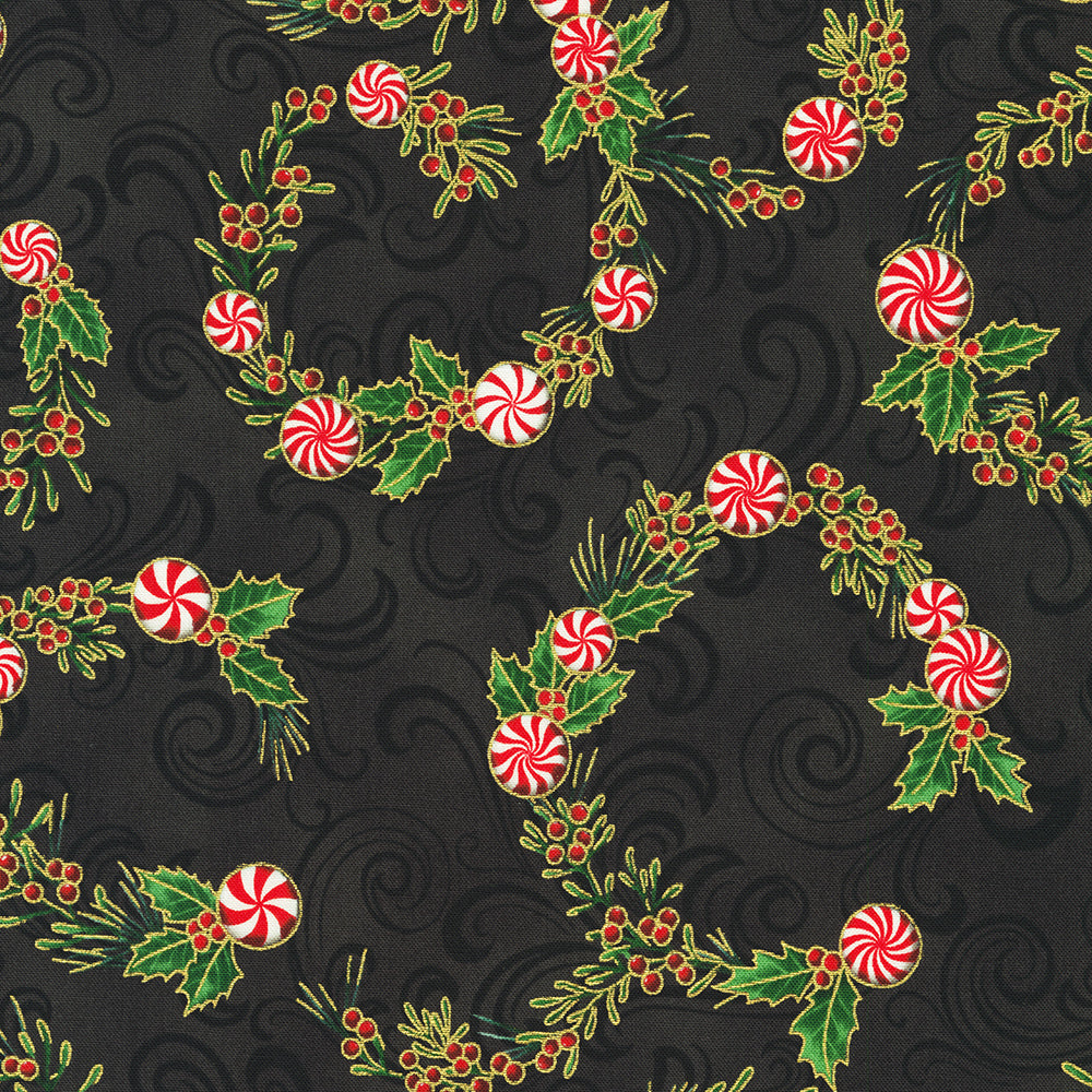 Holiday Flourish Peppermint Twist Peppermint Candies Black Metallic Fabric by Robert Kaufman – Christmas metallic quilting cotton.
