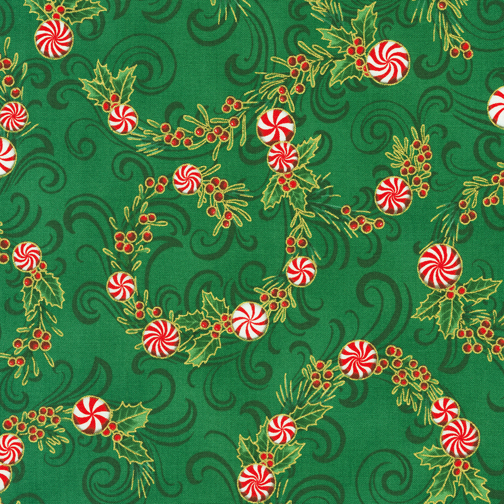 Holiday Flourish Peppermint Twist Peppermint Candies Pine Metallic Fabric by Robert Kaufman – green metallic Christmas quilting cotton.